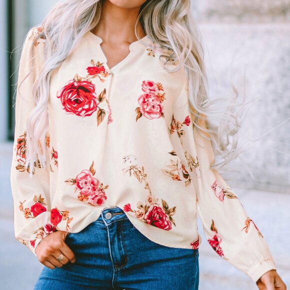 Tops - NWOT Floral V-Neck Long-Sleeve Blouse - White with Pink & Red Roses